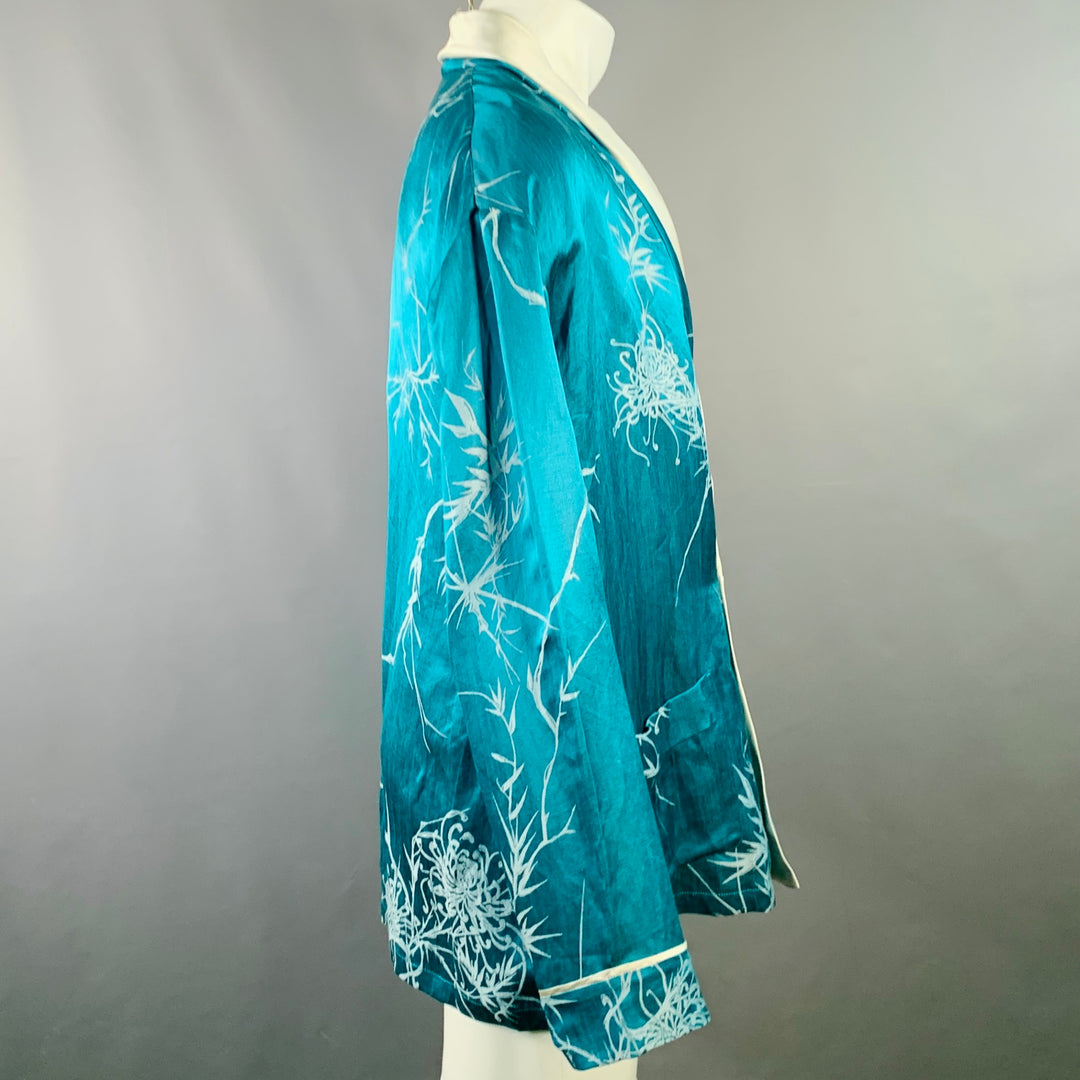 HAIDER ACKERMANN Size S Teal White Jacquard Linen Silk Shawl Collar Jacket