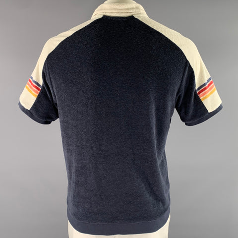 MARINE LAYER Size L Navy White Color Block Polyester Blend Terry Polo
