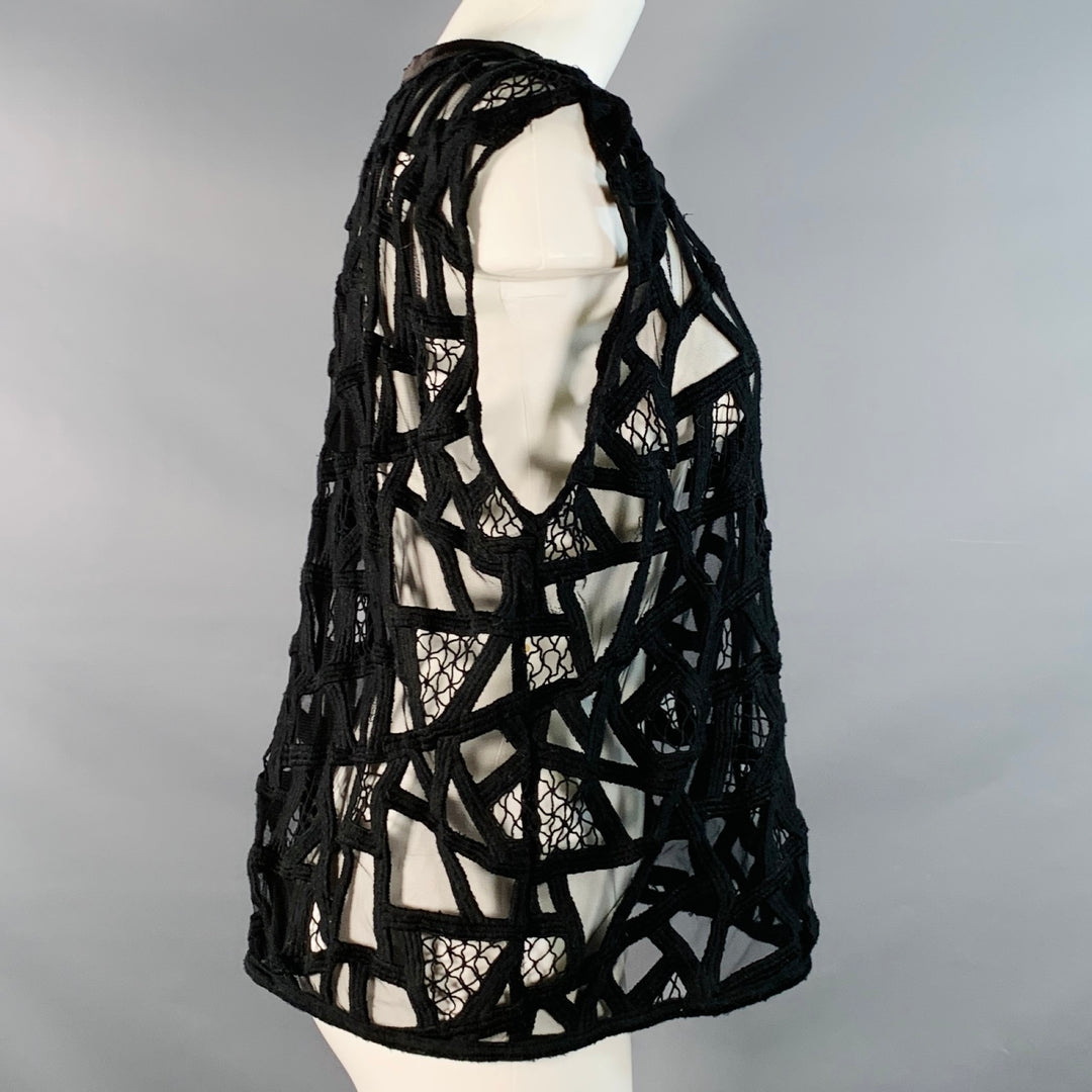 IRO Size 8 Black Mesh Geometric Crew Neck Sleeveless Casual Top