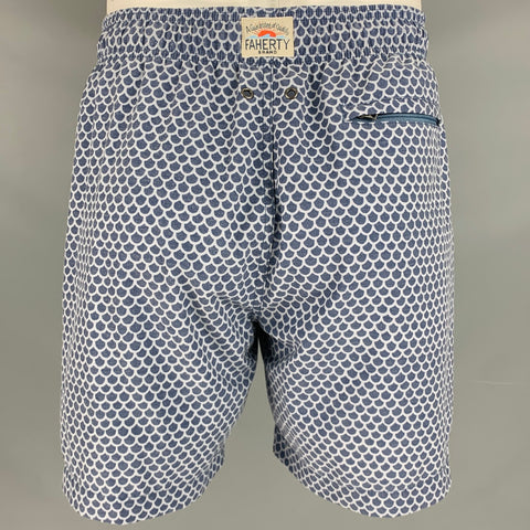 FAHERTY Size L Blue Light Blue Fish Scale Polyester Blend Drawstring Swim Trunks