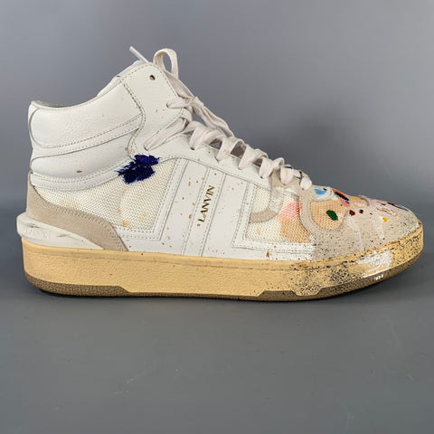LANVIN Size 10 White Multi-Color Splattered Leather High Top Sneakers