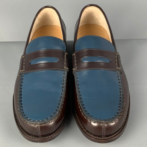 BALLY Size 9.5 Brown Blue Two Toned Leather Slip On Perry Loafers
