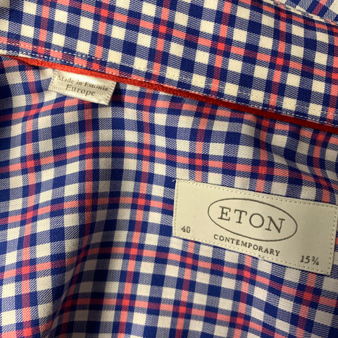 ETON Size 40 Blue Red & White Plaid Cotton Button Up Long Sleeve Shirt