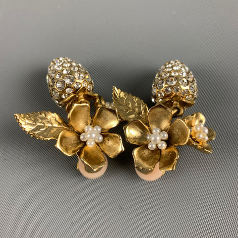OSCAR DE LA RENTA Gold Floral Rhinestones Clip-On Earrings
