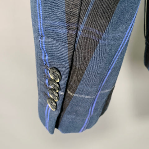 BARENA Size 40 Navy Black Plaid Cotton Notch Lapel Sport Coat