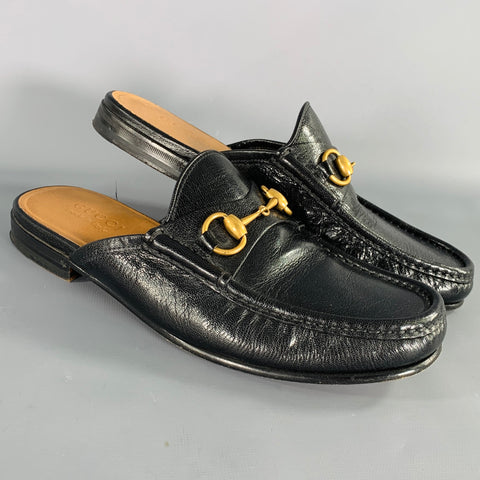 GUCCI Size 7.5 Black Gold Leather Horsebit Slip On Loafers