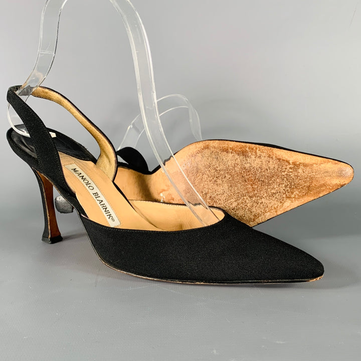 MANOLO BLAHNIK Size 7.5 Black Fabric Slingback Pumps