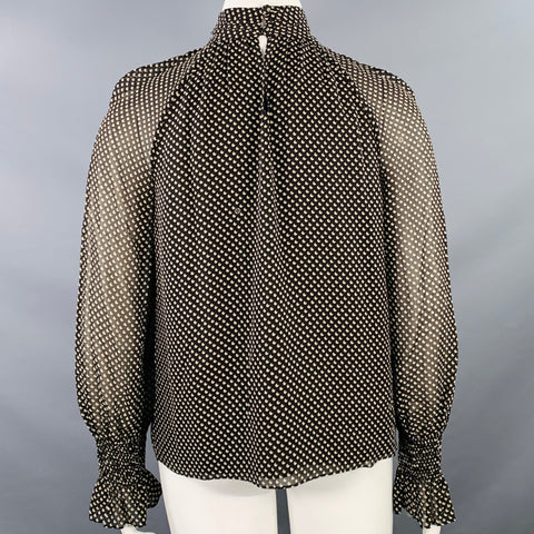 TORY BURCH Size 12 Black Cream Silk Blend Dots High Neck Blouse Casual Top