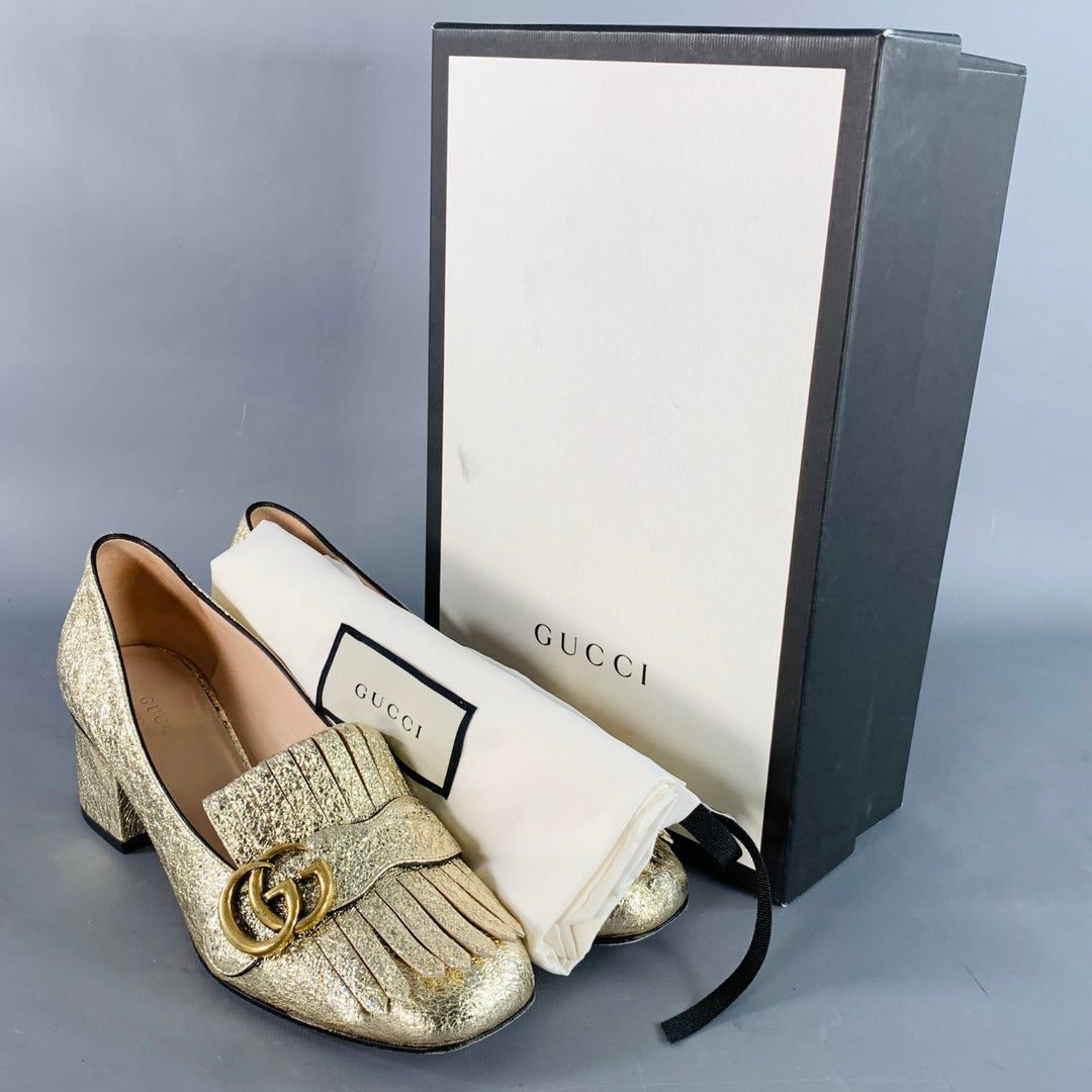 GUCCI Size 7.5 Metallic Gold Leather Textured Eyelash Fringed Pumps