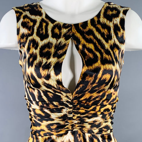 JUST CAVALLI Size 2 Brown Black Polyester Blend Animal Print Ruched Sleeveless Keyhole Cocktail Dress