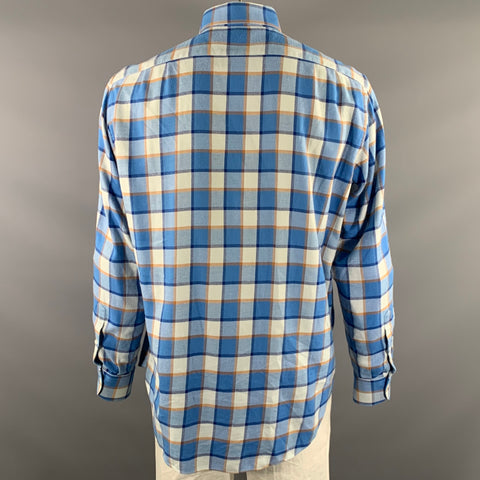 FRAY Size L Blue Orange & White Plaid Cotton Pointed Collar Long Sleeve Shirt
