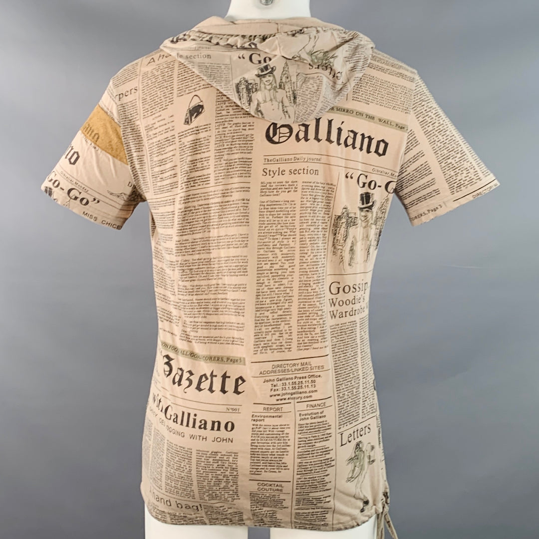 JOHN GALLIANO Size M Khaki Black Newspaper Cotton Blend Jersey Hooded Short Sleeve Shirt