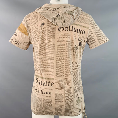 JOHN GALLIANO Size M Khaki Black Newspaper Cotton Blend Jersey Hooded Short Sleeve Shirt