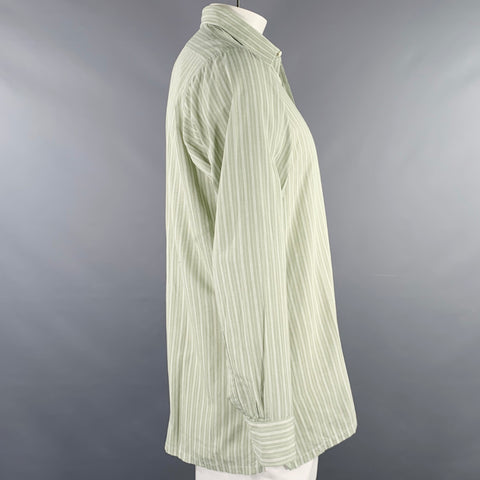 CHARVET Size L Green White Stripe Cotton Spread Collar Long Sleeve Shirt
