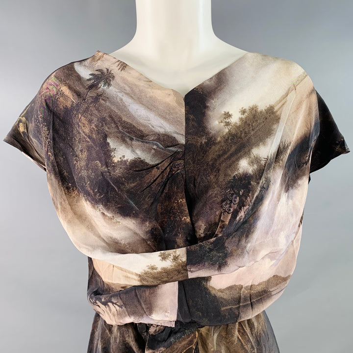 ALLSAINTS Size 2 Brown Beige Silk Tapestry Drapey V-Neck Midi Dress