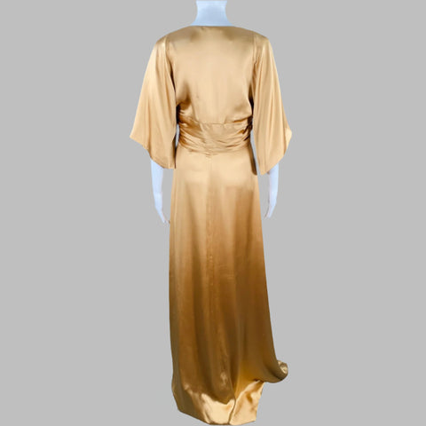 GUCCI Size 6 Gold Silk Ruched Short Sleeve Long Evening Gown