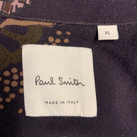 PAUL SMITH Size XL Black Taupe Print Cotton Spread Collar Long Sleeve Shirt