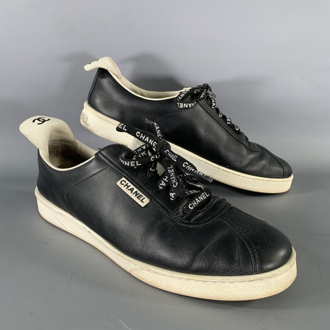 CHANEL Size 9 Black White Solid Leather Vulcanized sole Sneakers