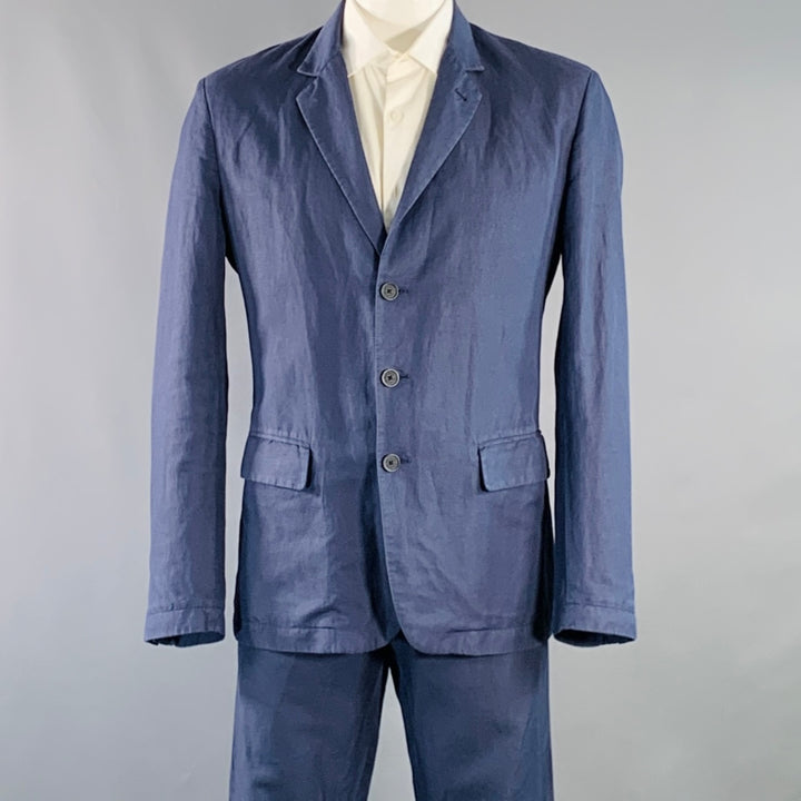 ADAM KIMMEL Size XL Blue Cotton Linen Notch Lapel Suit