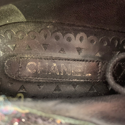 CHANEL Size 6.5 Black Red Grey Tweed Platform Oxford Flats