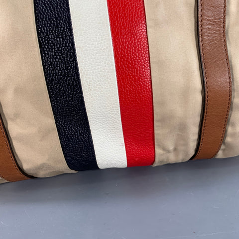 BLACK FLEECE Beige Multi Color Stripe Canvas Leather Duffle Bag