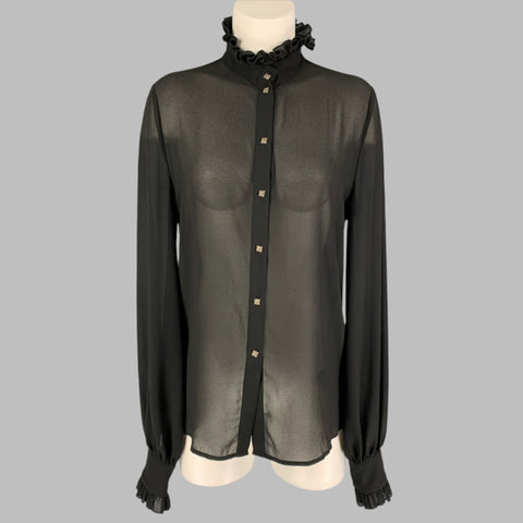 JOHN RICHMOND Size 6 Black Polyester Ruffled High Collar Blouse