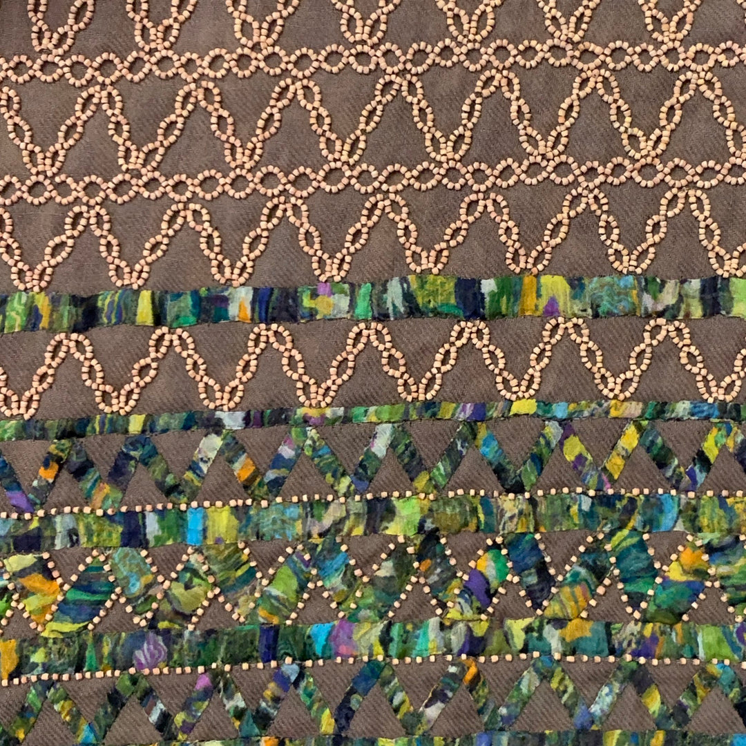 DRIES VAN NOTEN Green Beige Multi Color Beaded Silk Wool Scarf Shawl