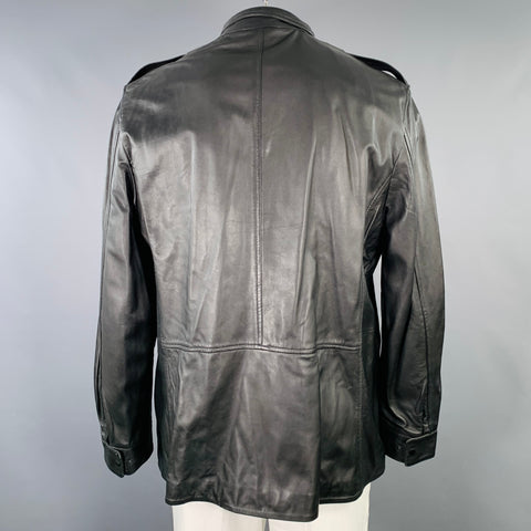 ELIE TAHARI Size XXL Black Leather Button Up Coat