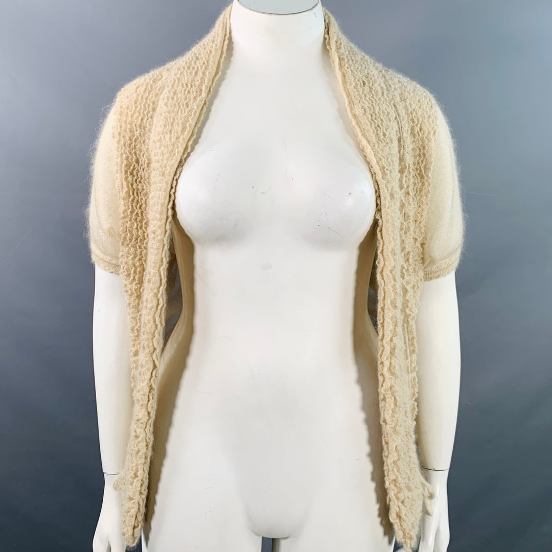 ALAIA Size L Beige Gold Mohair Blend Textured Ruffle Short Sleeve Open Front Cardigan