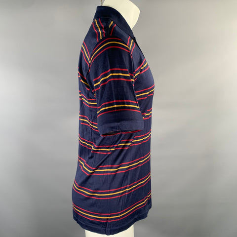 DUNHILL Size M Navy Red Gold Stripe Cotton Polo
