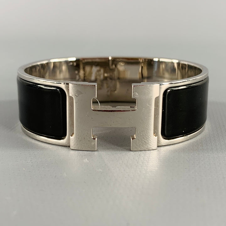 HERMES Clic Clac H Silver Black Monogram Enamel Metal Toggle Closure Bracelet