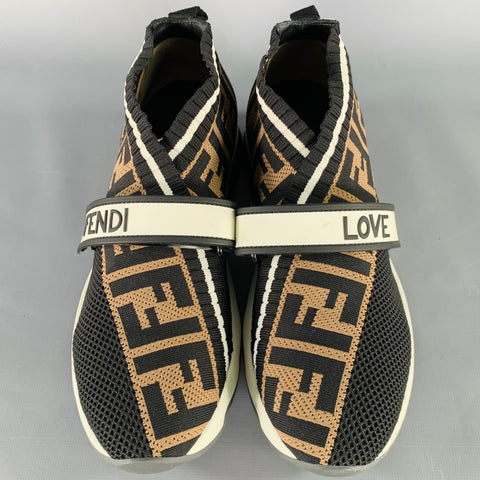 FENDI Size 8 Rockoko Black Brown Jacquard Monogram Slip On Sneakers