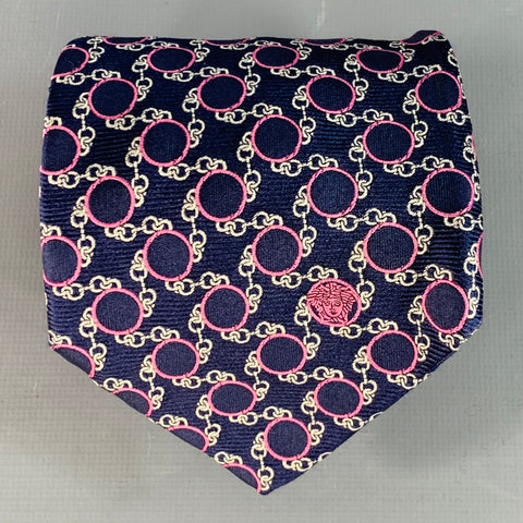 VERSACE Navy Pink Chain Link Circles Jacquard Silk Tie
