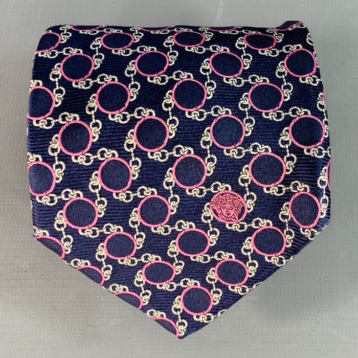 VERSACE Navy Pink Chain Link Circles Jacquard Silk Tie