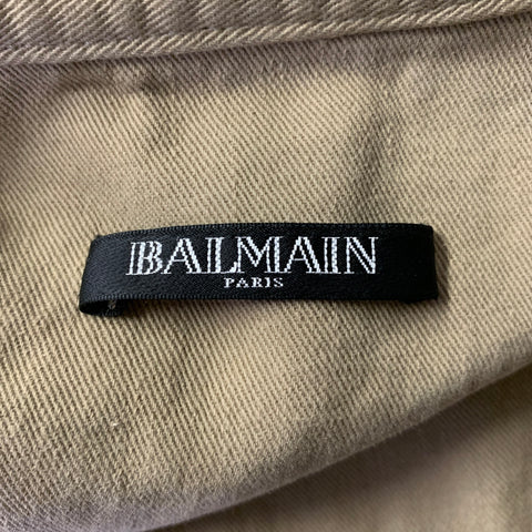 BALMAIN Size XL Khaki Arm Patch Cotton Band Collar Jacket