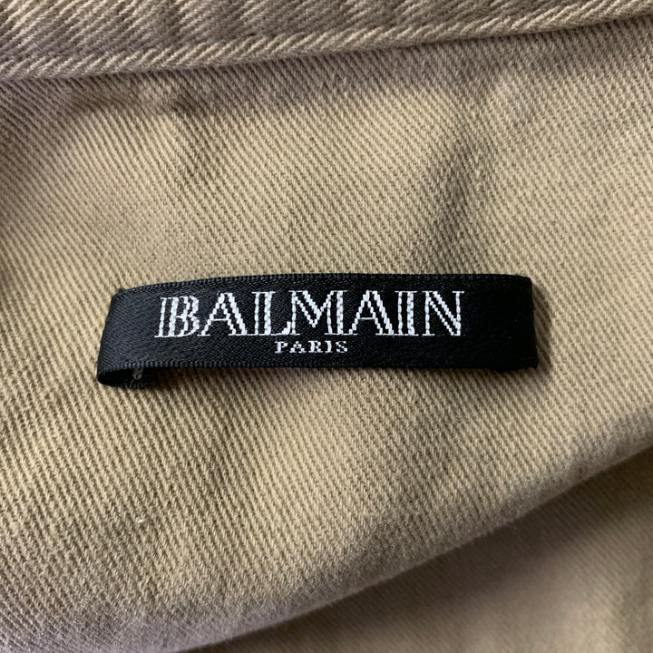 BALMAIN Size XL Khaki Arm Patch Cotton Band Collar Jacket