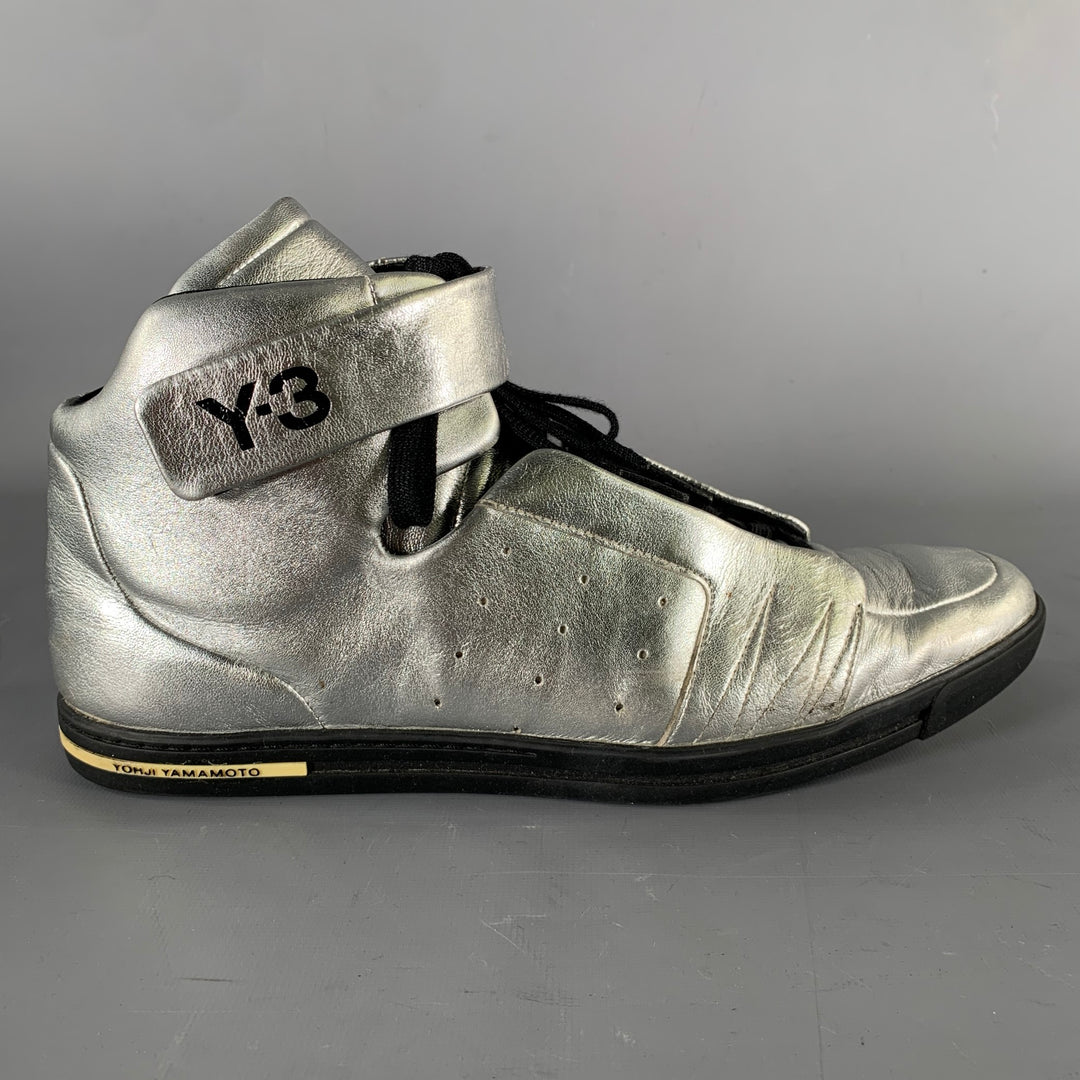 Y-3 Size 10.5 Silver Shimmery Leather High Top Sneakers