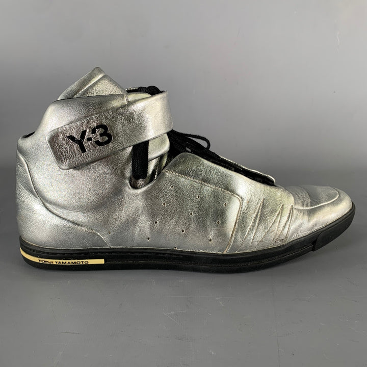 Y-3 Size 10.5 Silver Shimmery Leather High Top Sneakers