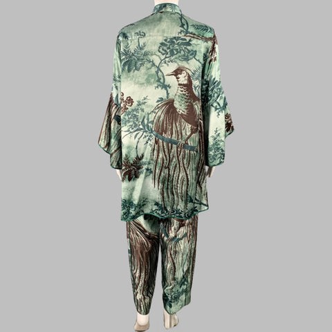 F.R.S. Size M Green Brown Cupro Graphic Pajama Pantsuit