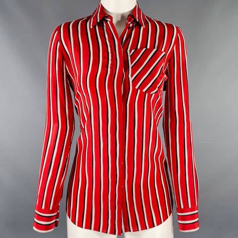 ALTUZARRA Size 0 Red Black White Silk Stripe Hidden Buttons Casual Top