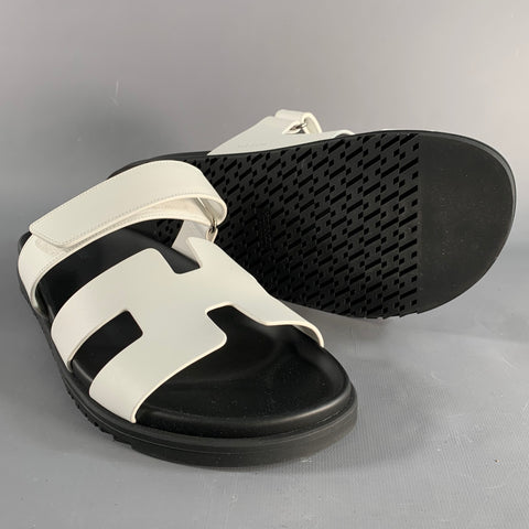 HERMES Size 9 White Black Leather Rubber Sole Sandals