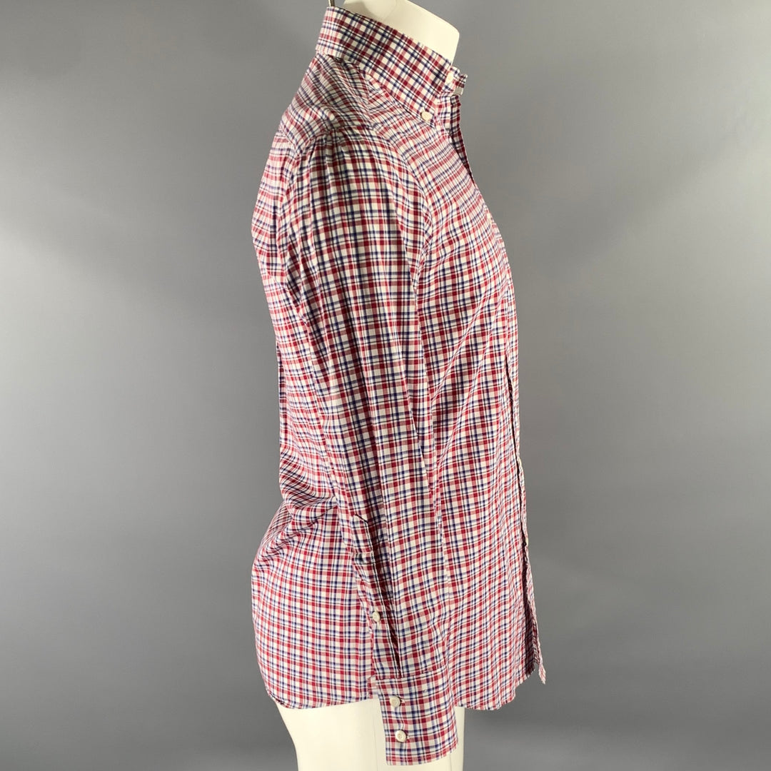 BRUNELLO CUCINELLI Size XS White Burgundy Plaid Cotton Long Sleeve Shirt