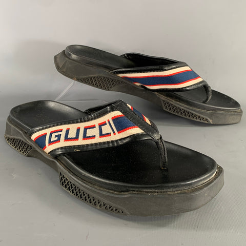 GUCCI Size 11 Black Canvas Thong Sandals