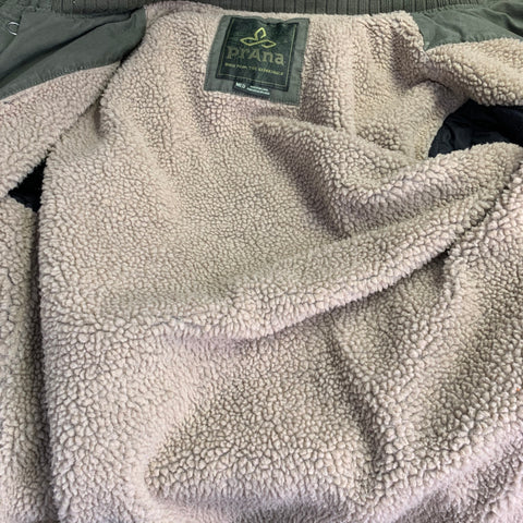 PRANA Size M Green Olive Hooded Faux Shearling Zip Snaps Coat