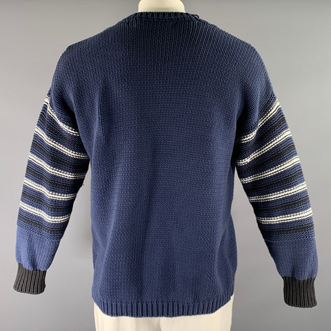 MARNI Size L Navy White & Black Knit Cotton Blend Ribbed Sweater