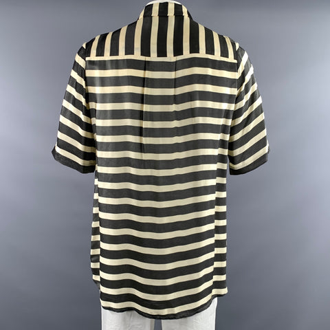EX FINITAS Size L Cream Black Stripe Viscose Pointed Collar Short Sleeve Shirt