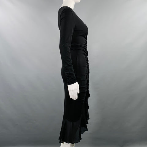 EMANUEL UNGARO Size XS Black Rayon Blend Ruffled Midi Cocktail Dress