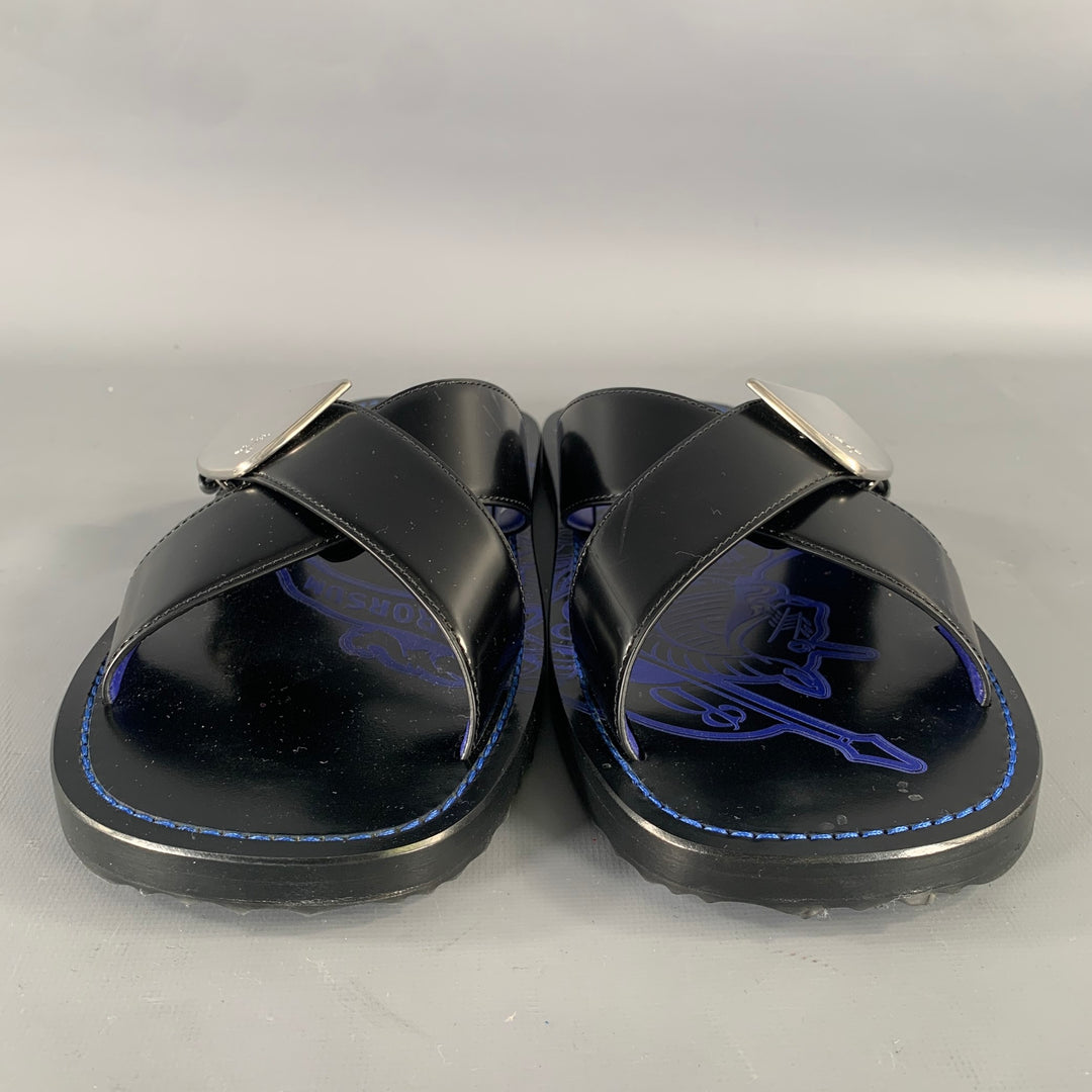 BURBERRY Size 10 Black Blue Leather Slide Sandals