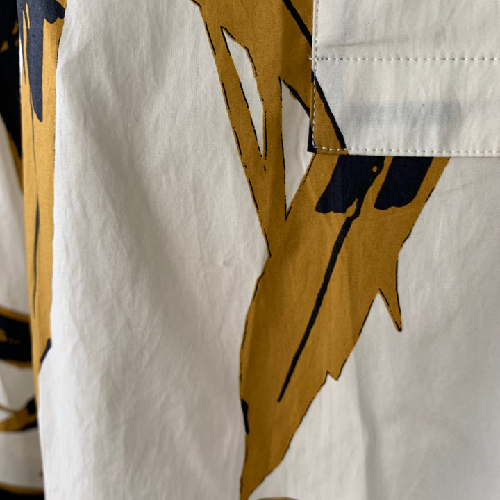 MARNI Size 2 White Mustard Cotton Tropical Leaves Half Placket Pullover