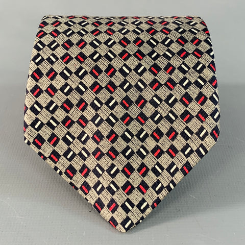 YVES SAINT LAURENT Vintage Navy Red White Checkered Silk Tie